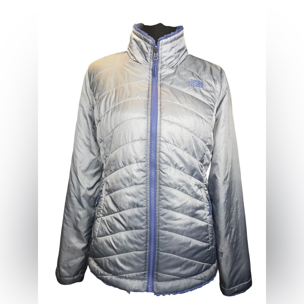The North Face Silver Reversible Puffer Jacket with Quilted Design